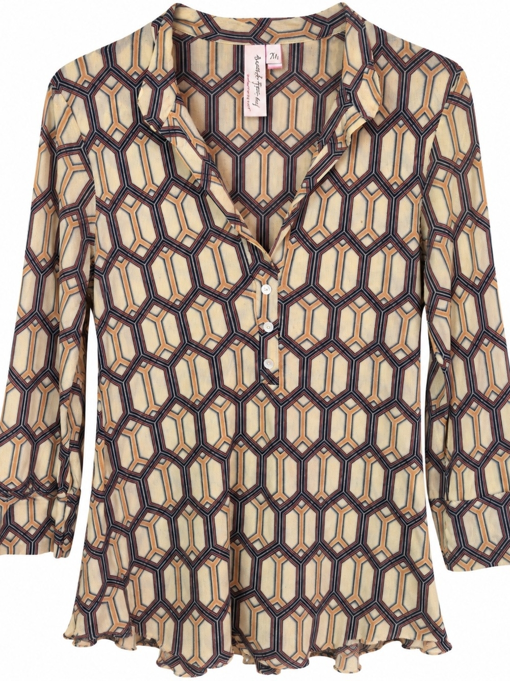 Sweet Pea By Stacy Frati Brown, Orange, Cream And Red Geo-Print V-Neck Blouse